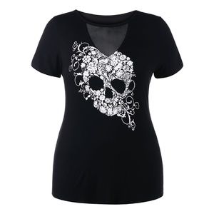 Plus Size Mesh Insert Skull Print T-shirt - Black